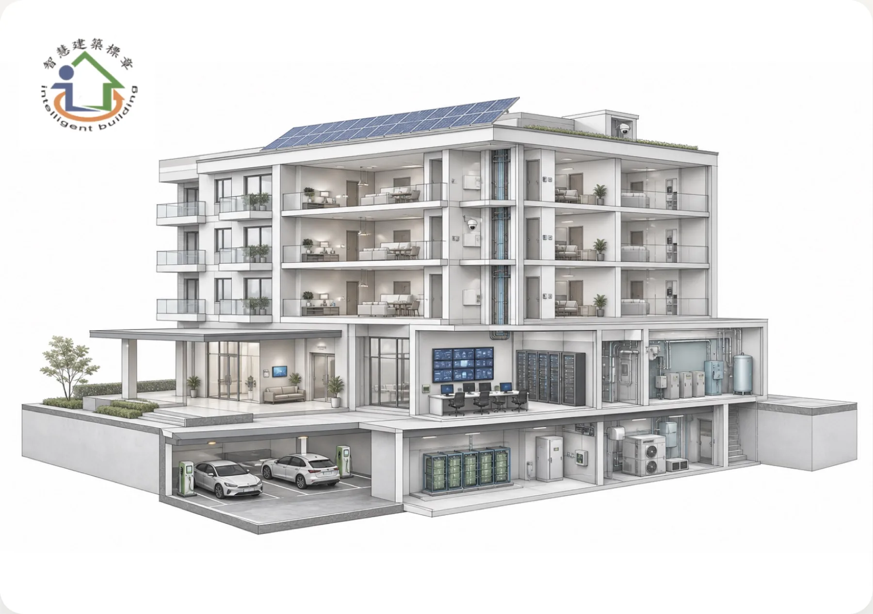 四層集合住宅與地下停車機電空間的智慧建築剖面示意圖